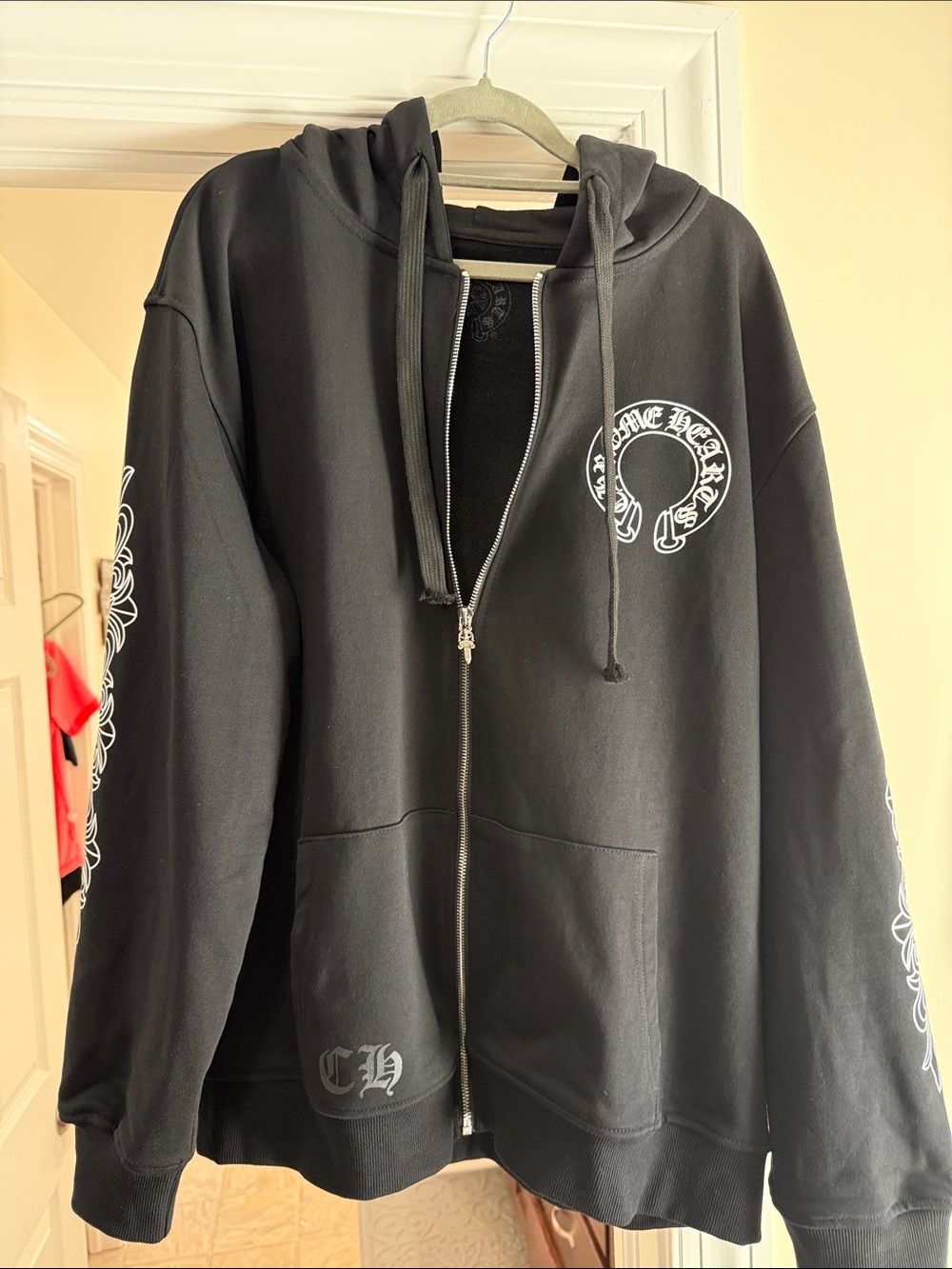 Chrome Hearts Black Zip Hoodie with White Graphic Accents (UNISEX)